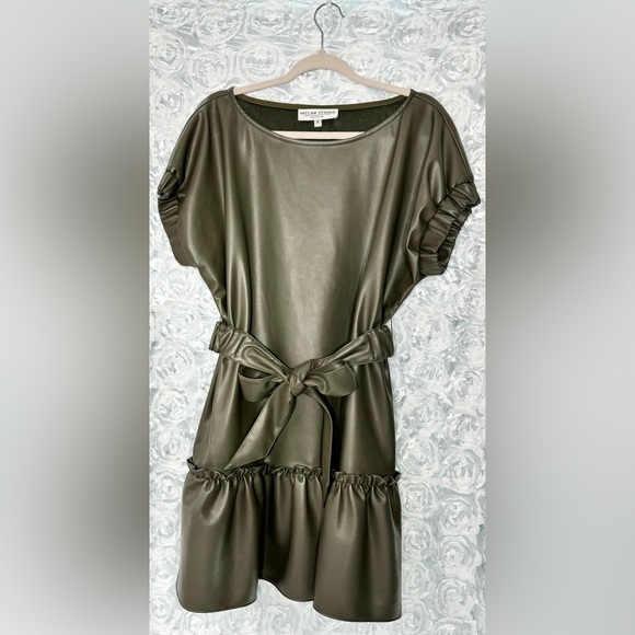 Inclan Studio Faux Leather Dress Size Small Loose Fitting Dress Olive Color - Picture 1 of 10